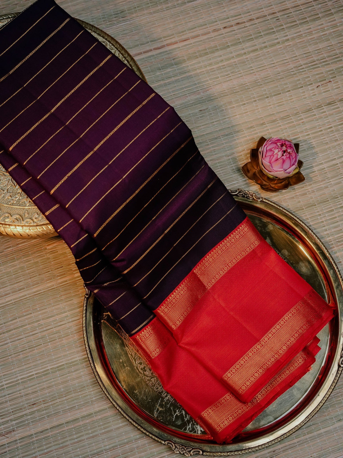 Deep navy-purple and red-orange | Contrast Saree with Gold Zari Border