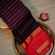 Deep navy-purple and red-orange | Contrast Saree with Gold Zari Border