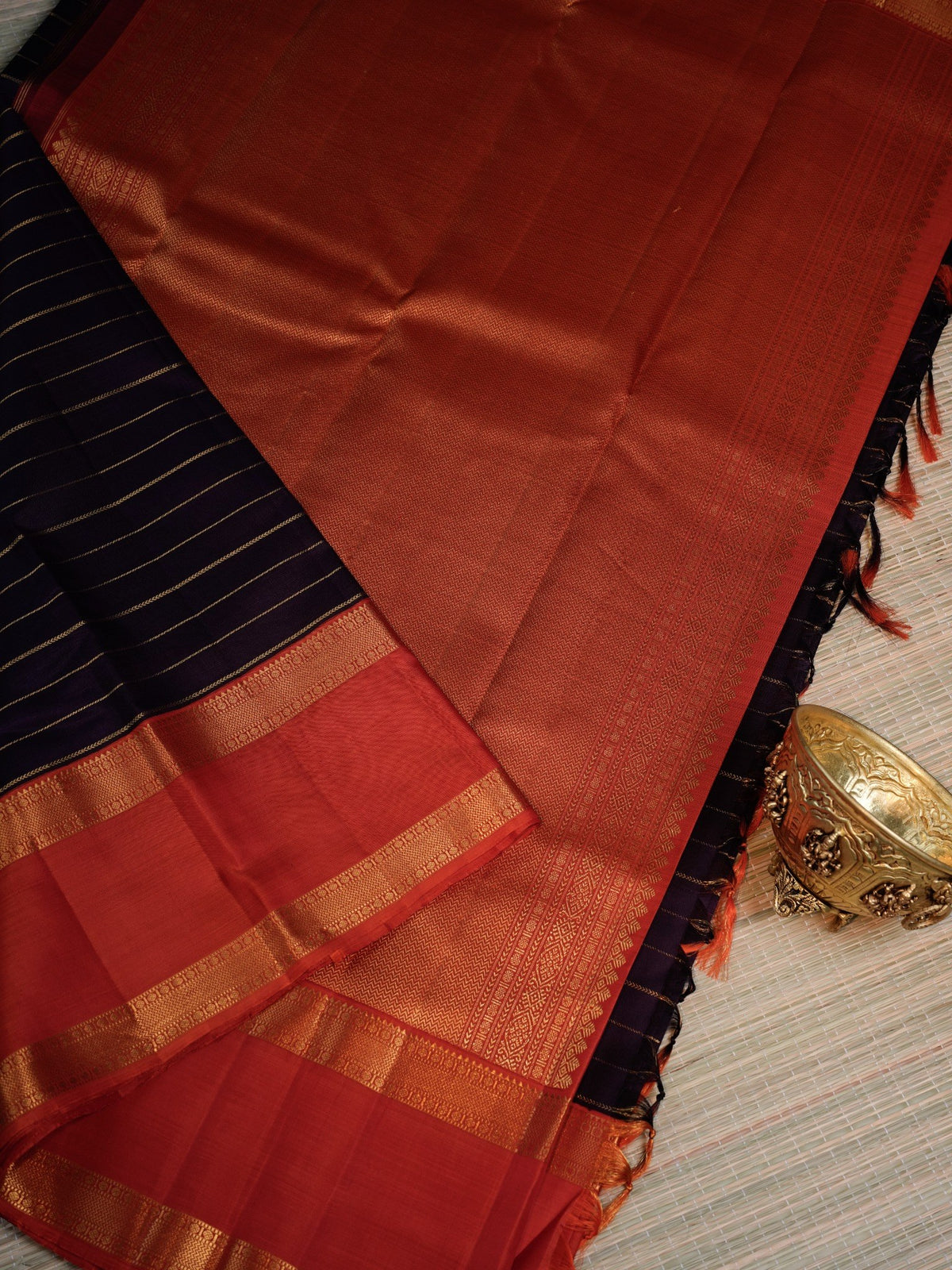 Deep navy-purple and red-orange | Contrast Saree with Gold Zari Border