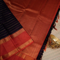 Deep navy-purple and red-orange | Contrast Saree with Gold Zari Border