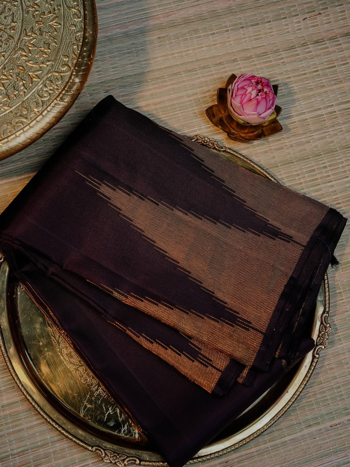 Chocolate Brown Saree with Copper-Gold Design