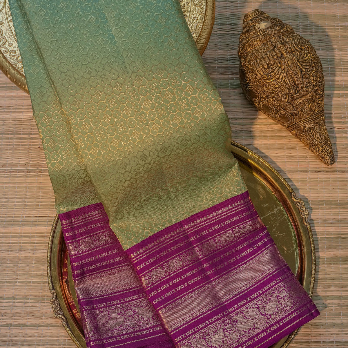 Mint Green & Purple Silk Saree