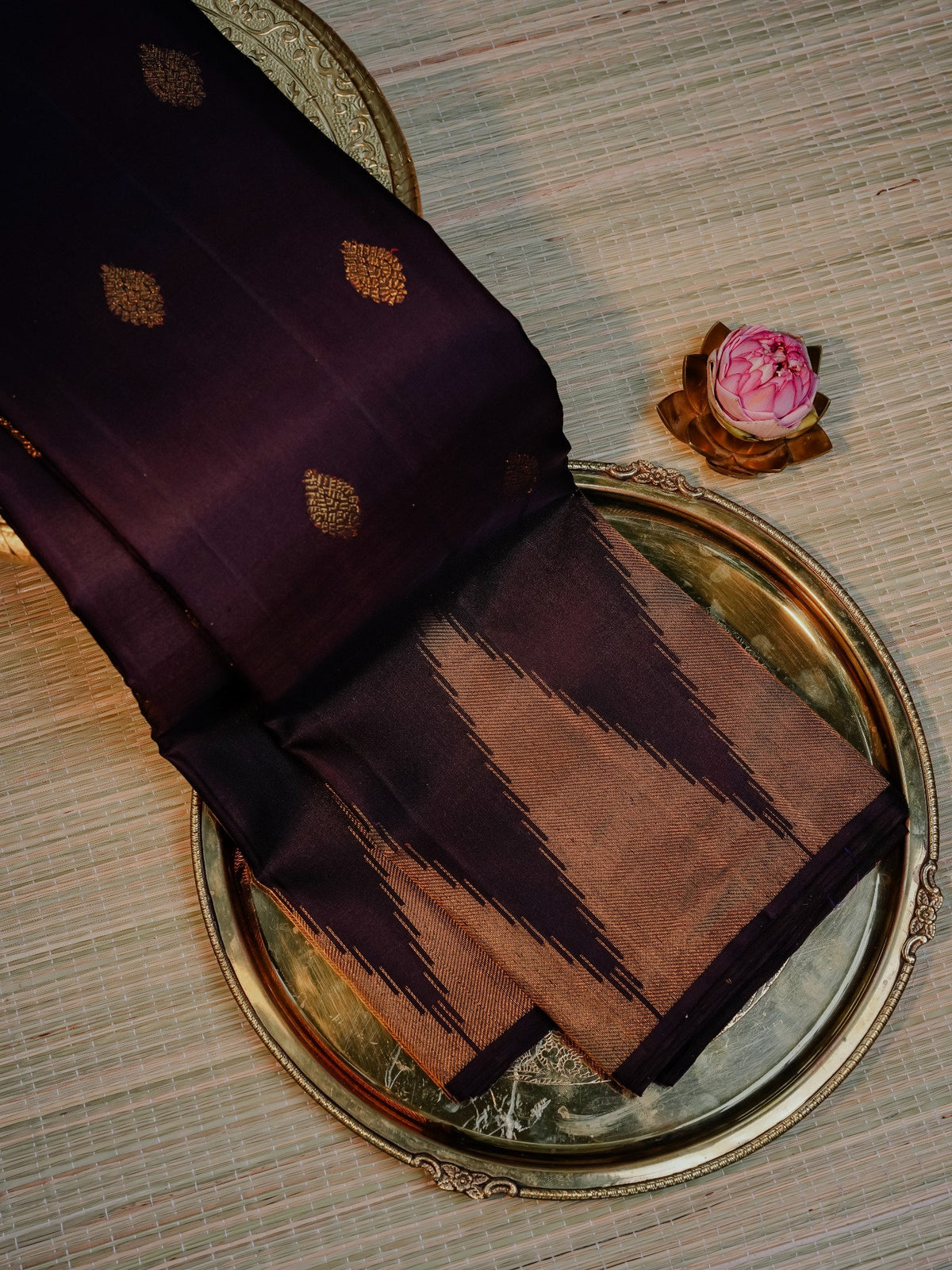Chocolate Brown Saree with Copper-Gold Design