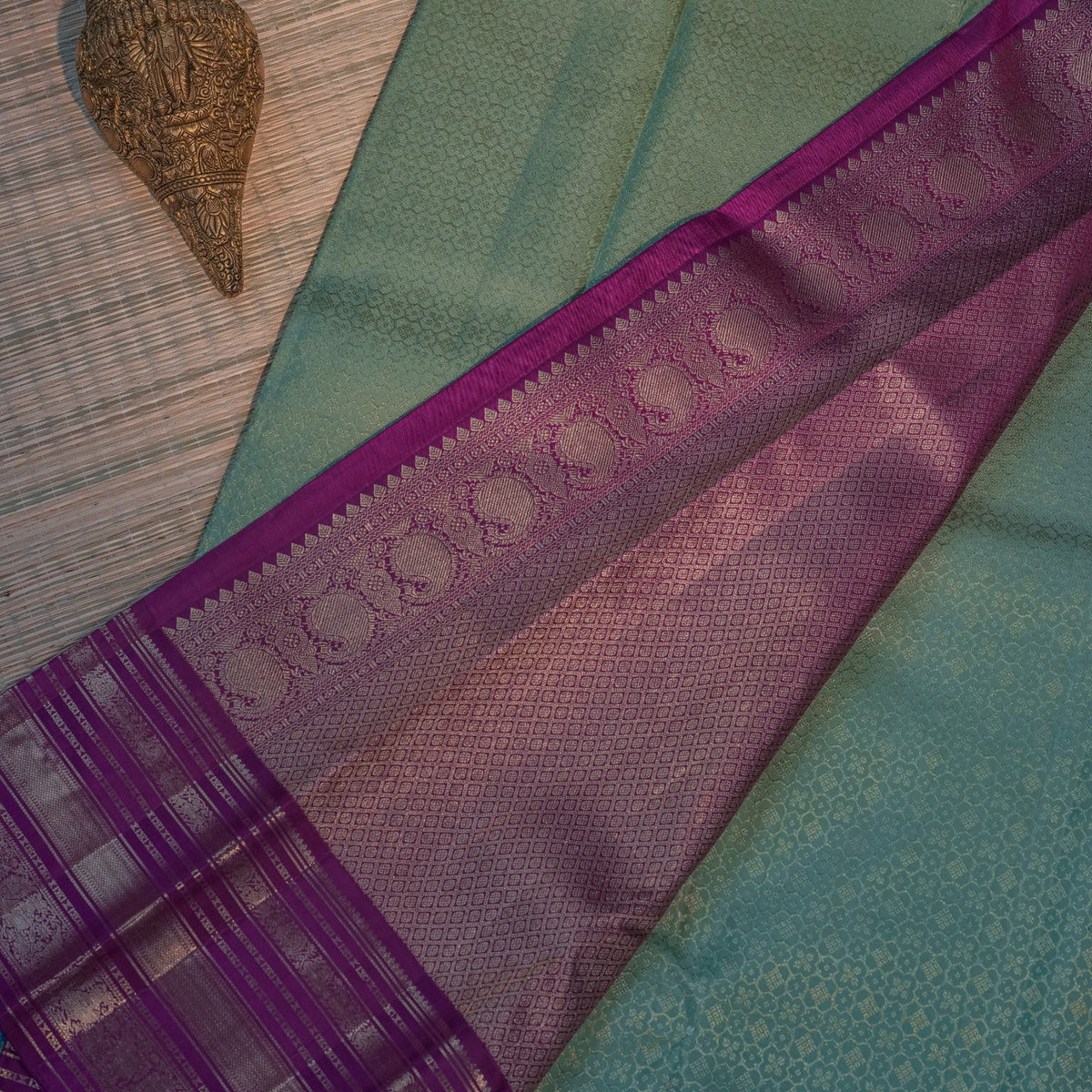 Mint Green & Purple Silk Saree
