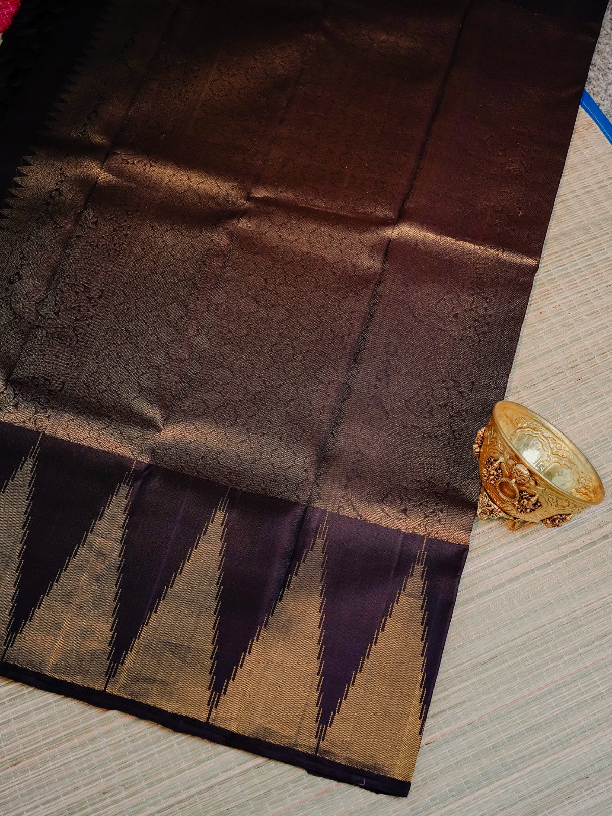 Chocolate Brown Saree with Copper-Gold Design