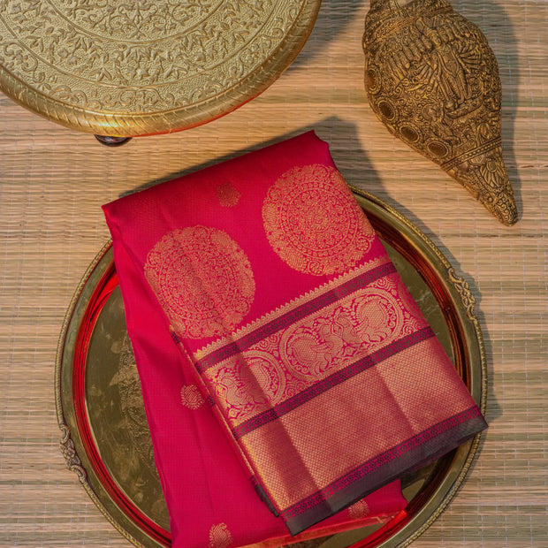 Bright Pink Silk Saree with Gold Motifs