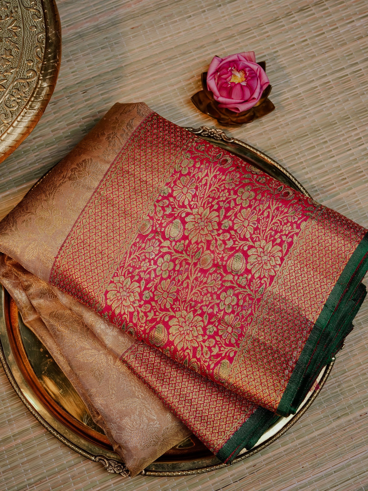 Rani Pink Saree with Gold Floral Motifs and Green Border