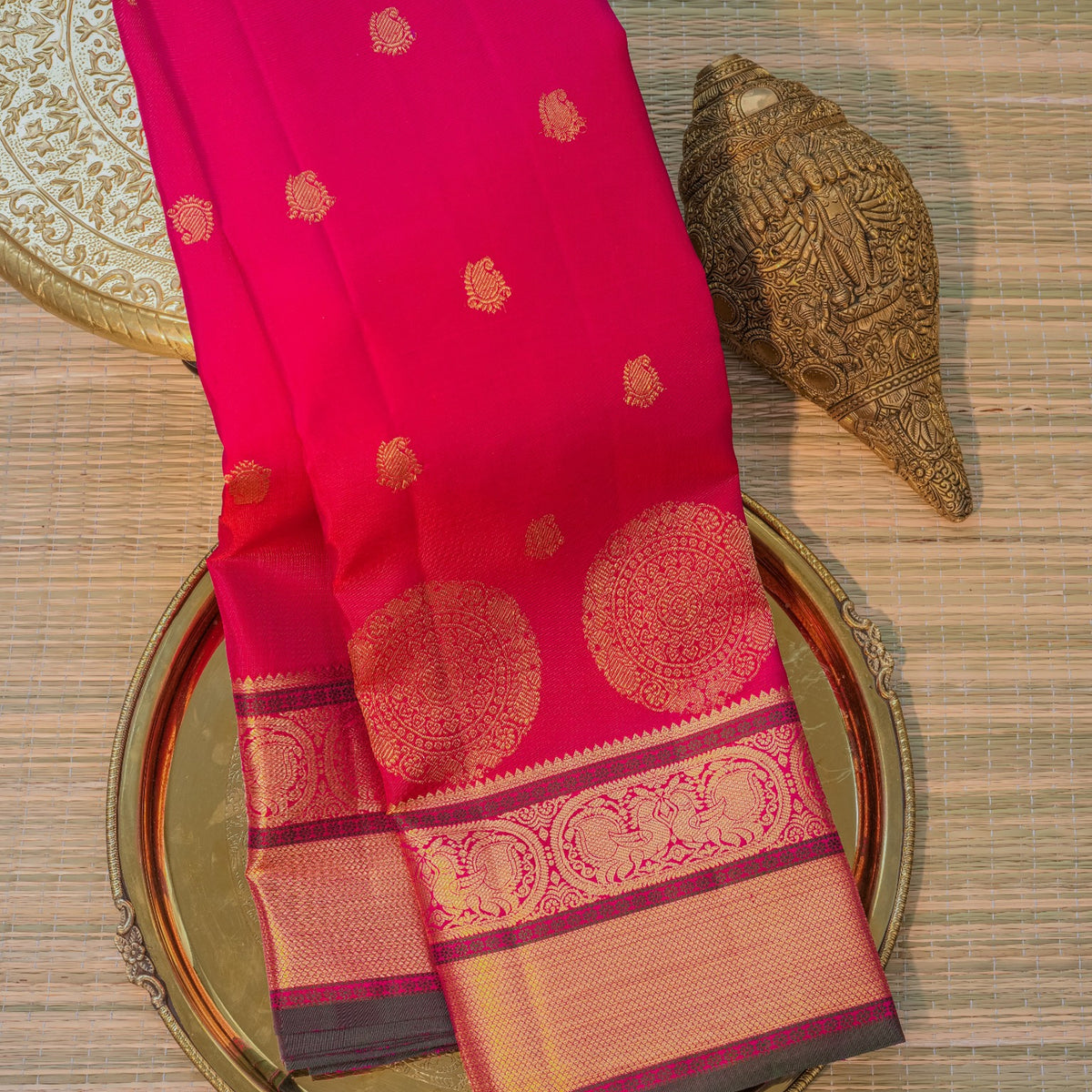 Bright Pink Silk Saree with Gold Motifs