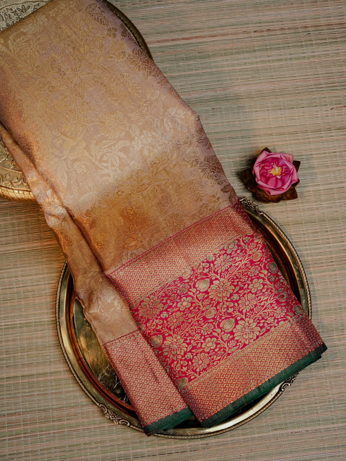 Rani Pink Saree with Gold Floral Motifs and Green Border