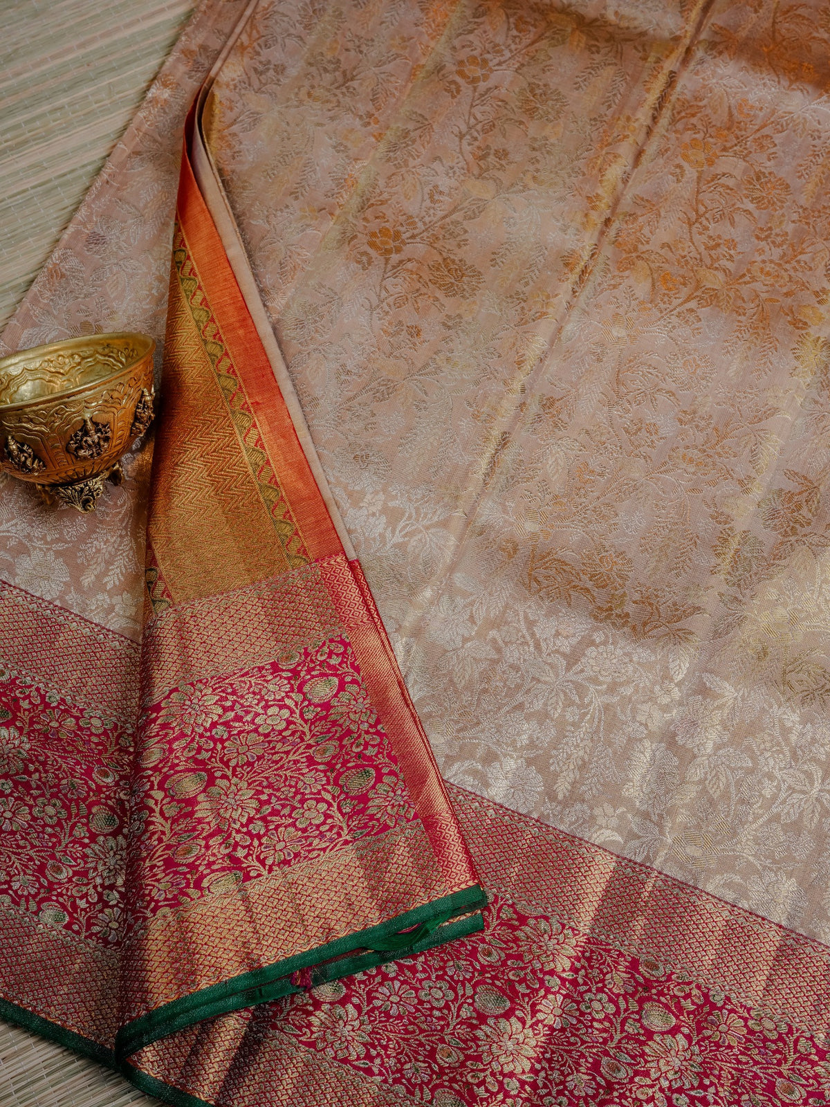 Rani Pink Saree with Gold Floral Motifs and Green Border