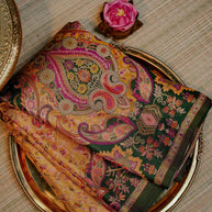 Mustard Gold Saree with Multicolour Paisley and Dark Green Border