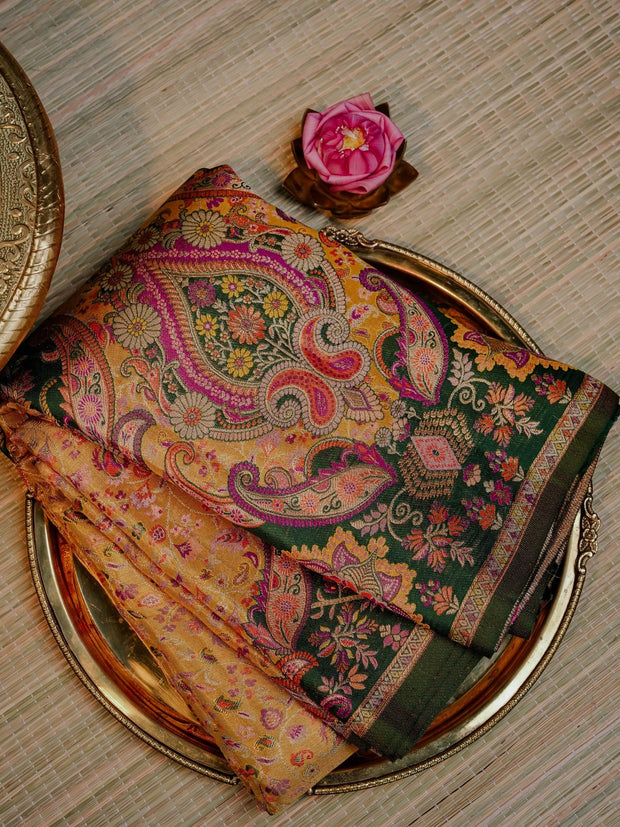 Mustard Gold Saree with Multicolour Paisley and Dark Green Border