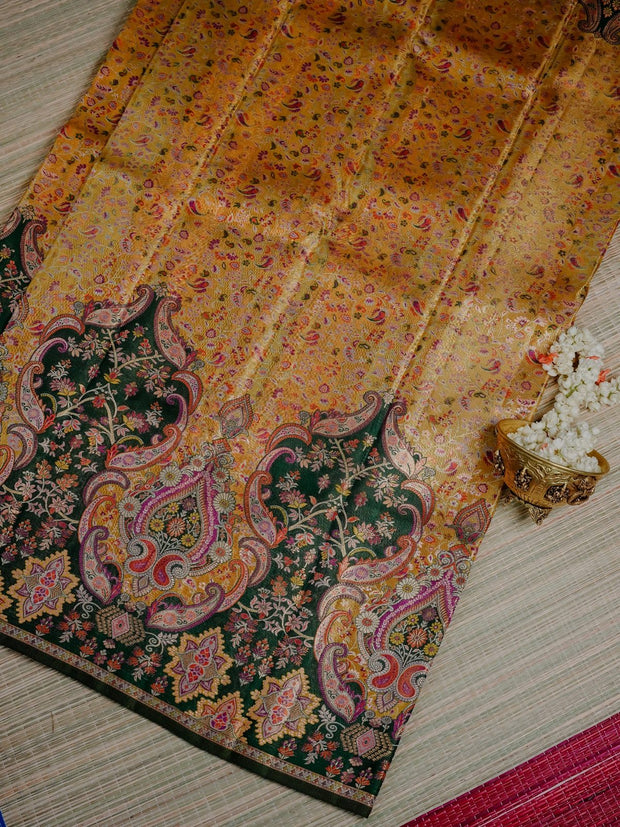 Mustard Gold Saree with Multicolour Paisley and Dark Green Border