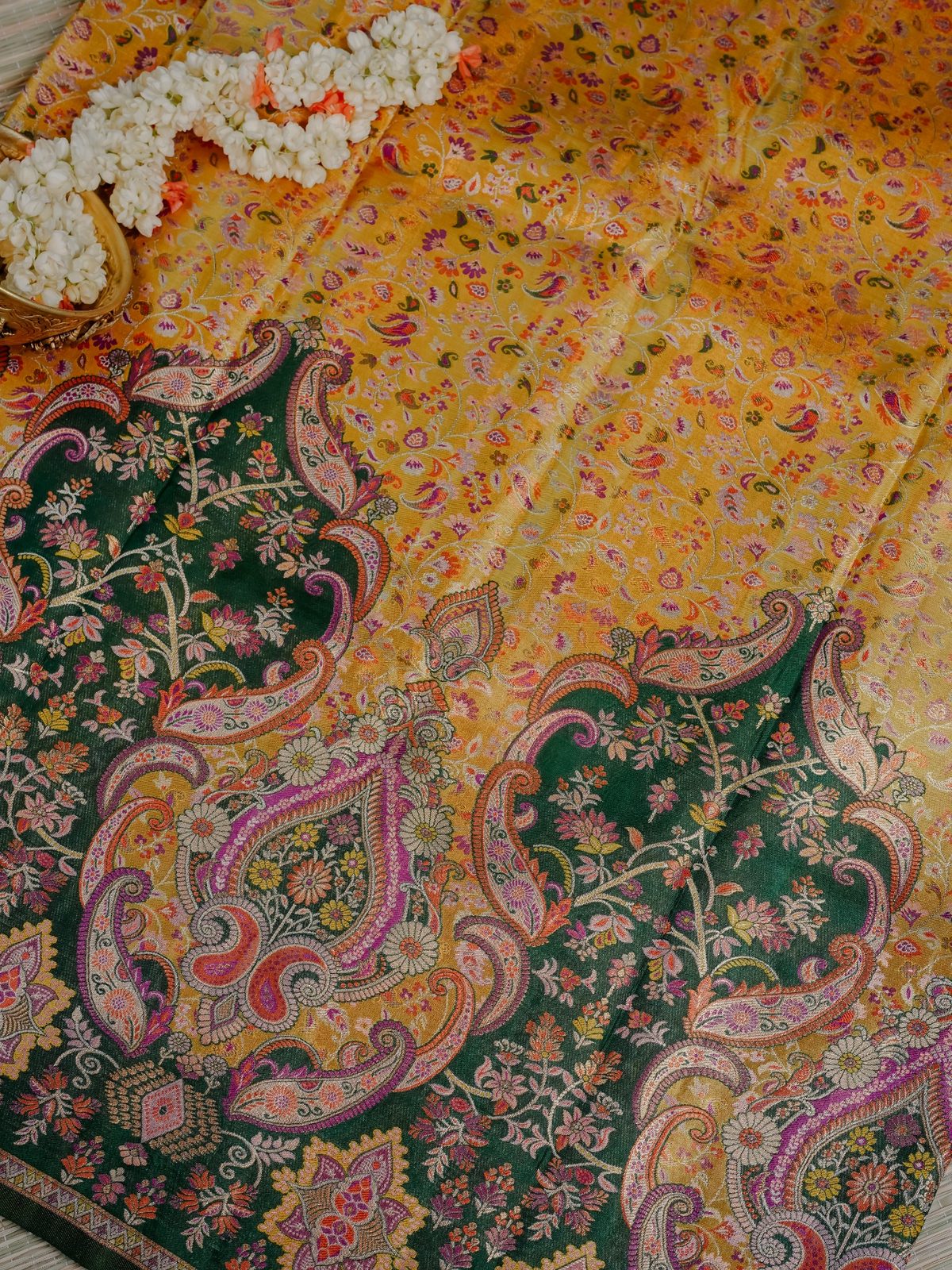 Mustard Gold Saree with Multicolour Paisley and Dark Green Border