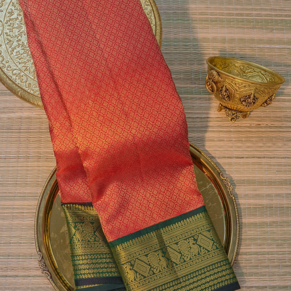 Coral Red & Green Silk Saree
