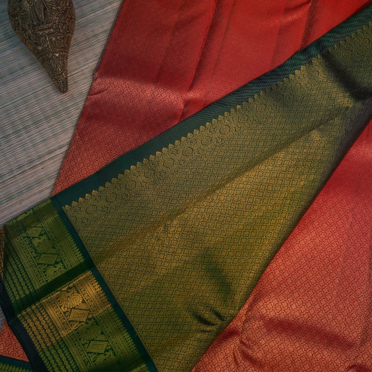 Coral Red & Green Silk Saree