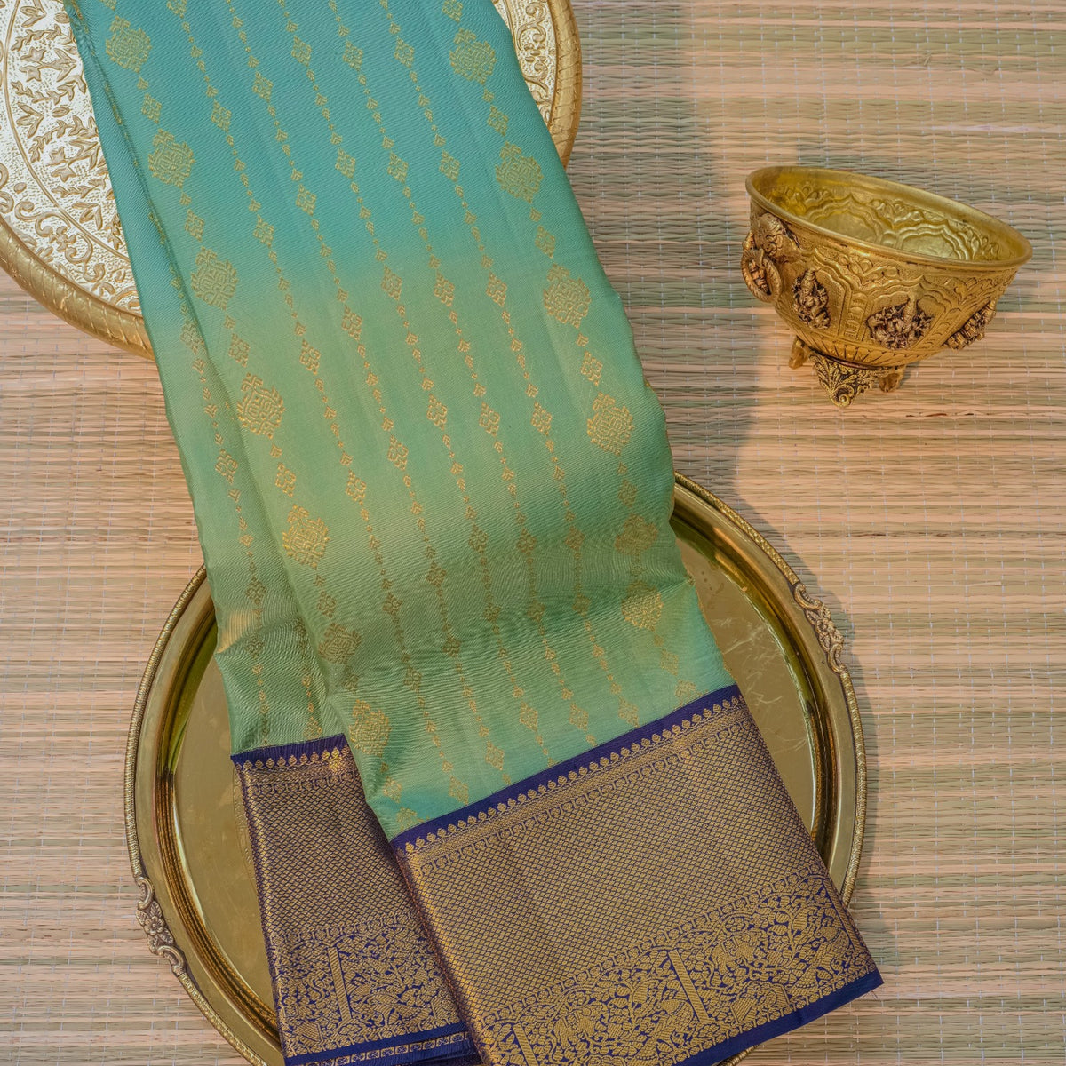 Aqua Green & Navy Blue Silk Saree