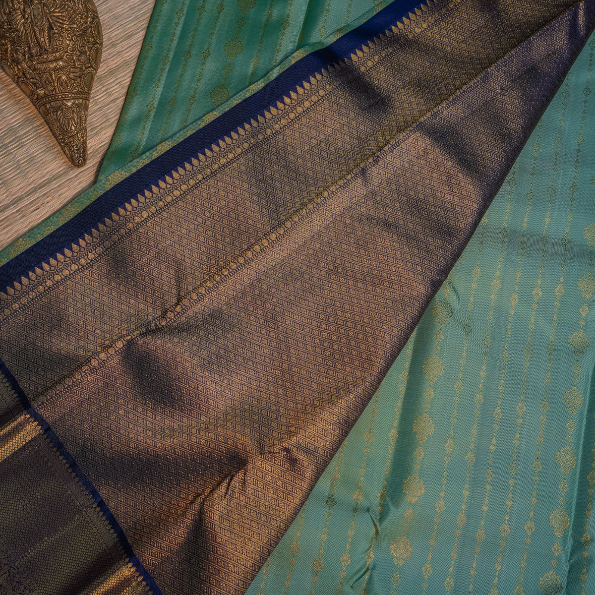 Aqua Green & Navy Blue Silk Saree