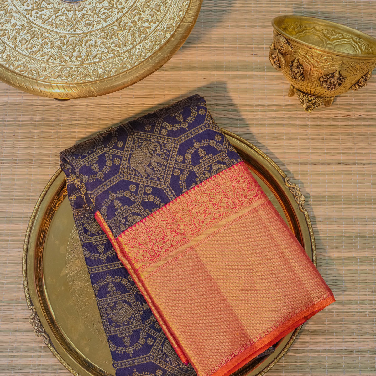 Navy Blue & Peach Silk Saree