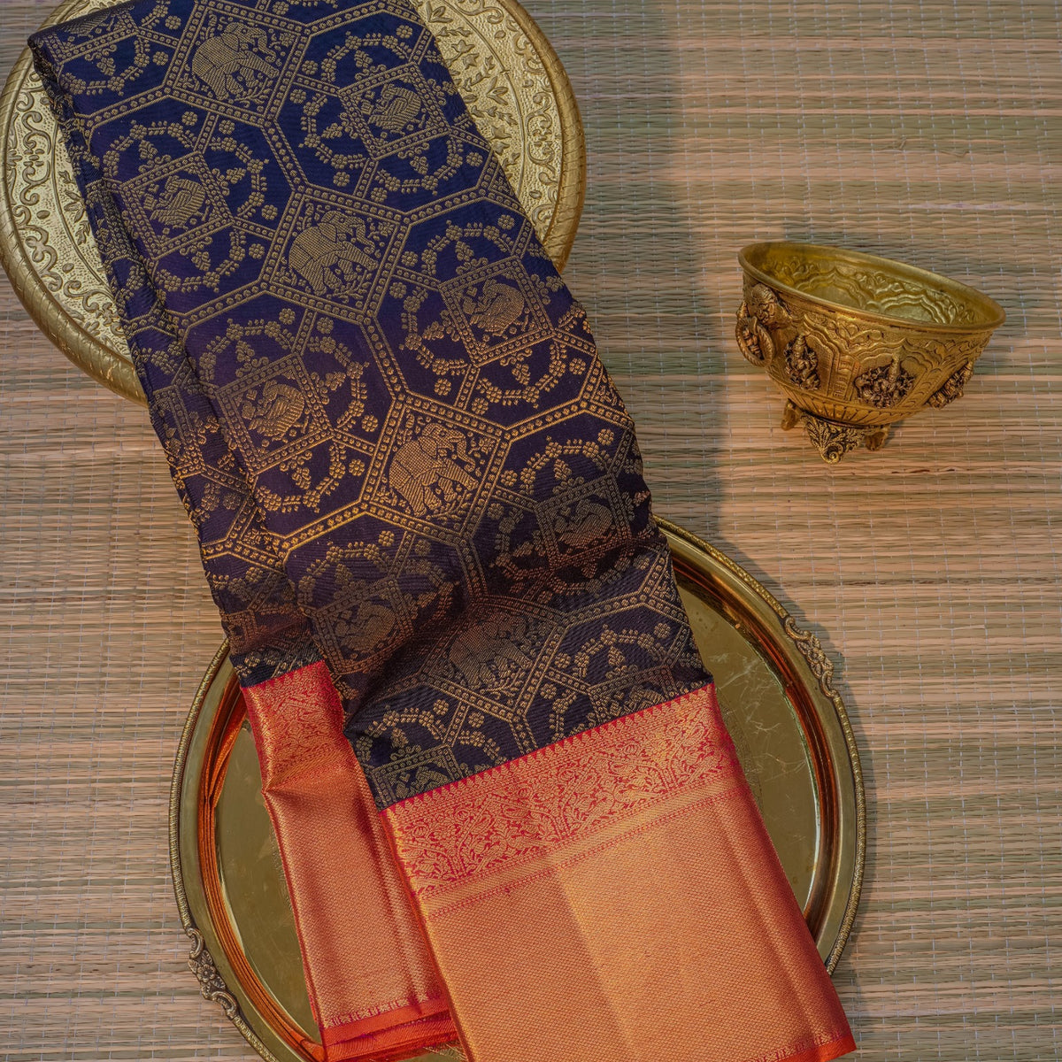 Navy Blue & Peach Silk Saree