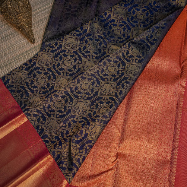 Navy Blue & Peach Silk Saree