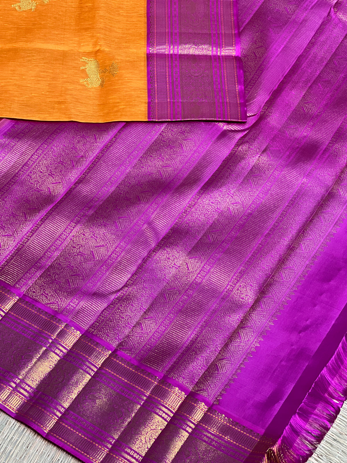 Mustard Orange & Purple Zari Silk Saree