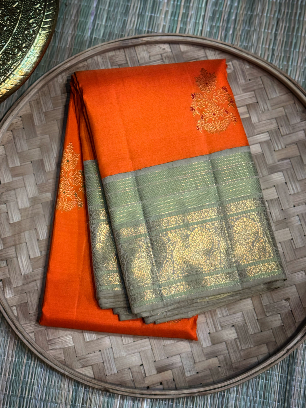 Burnt Orange & Sage Green Zari Saree