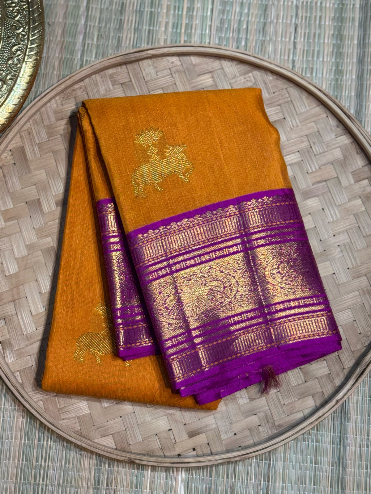Mustard Orange & Purple Zari Silk Saree