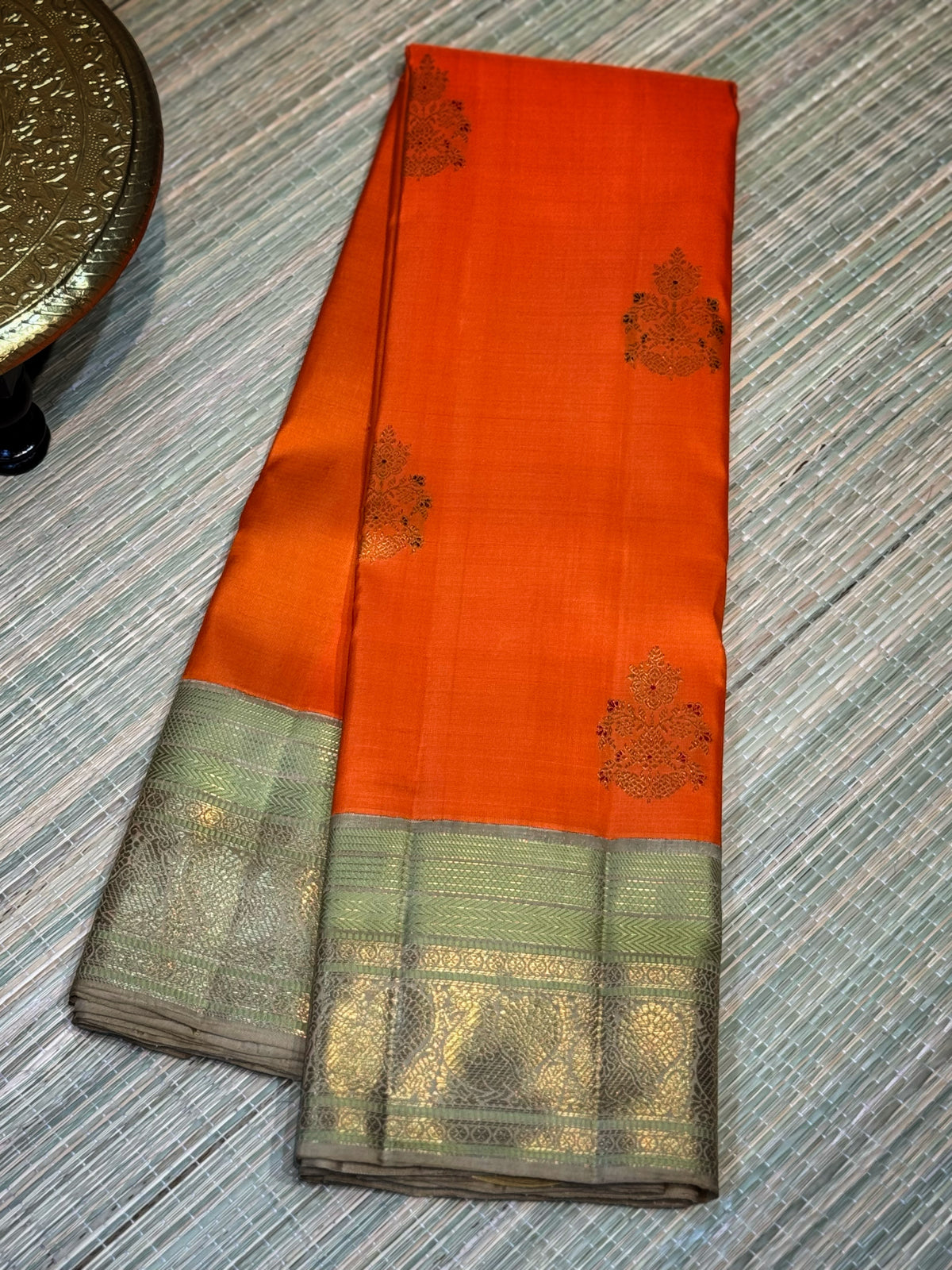 Burnt Orange & Sage Green Zari Saree