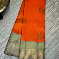 Burnt Orange & Sage Green Zari Saree