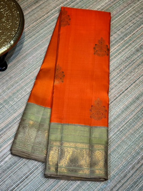 Burnt Orange & Sage Green Zari Saree