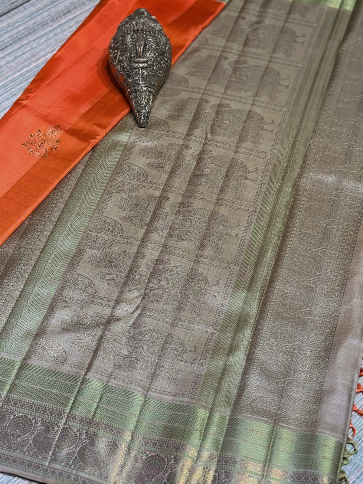 Burnt Orange & Sage Green Zari Saree
